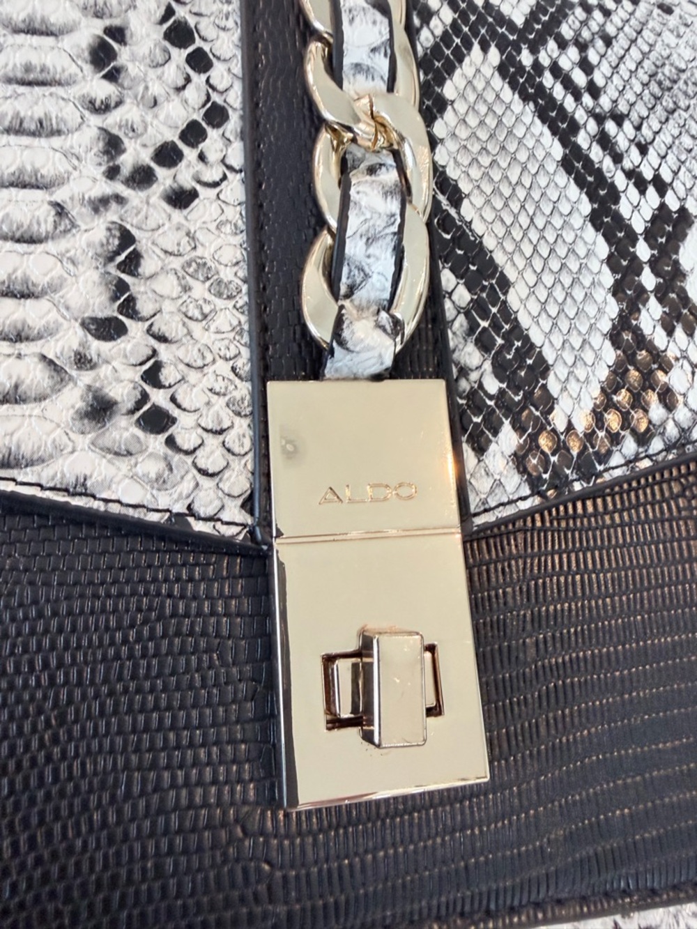Aldo Black & White Snake-Print Top Handle Satchel with Gold Chain - Picture 6 of 12